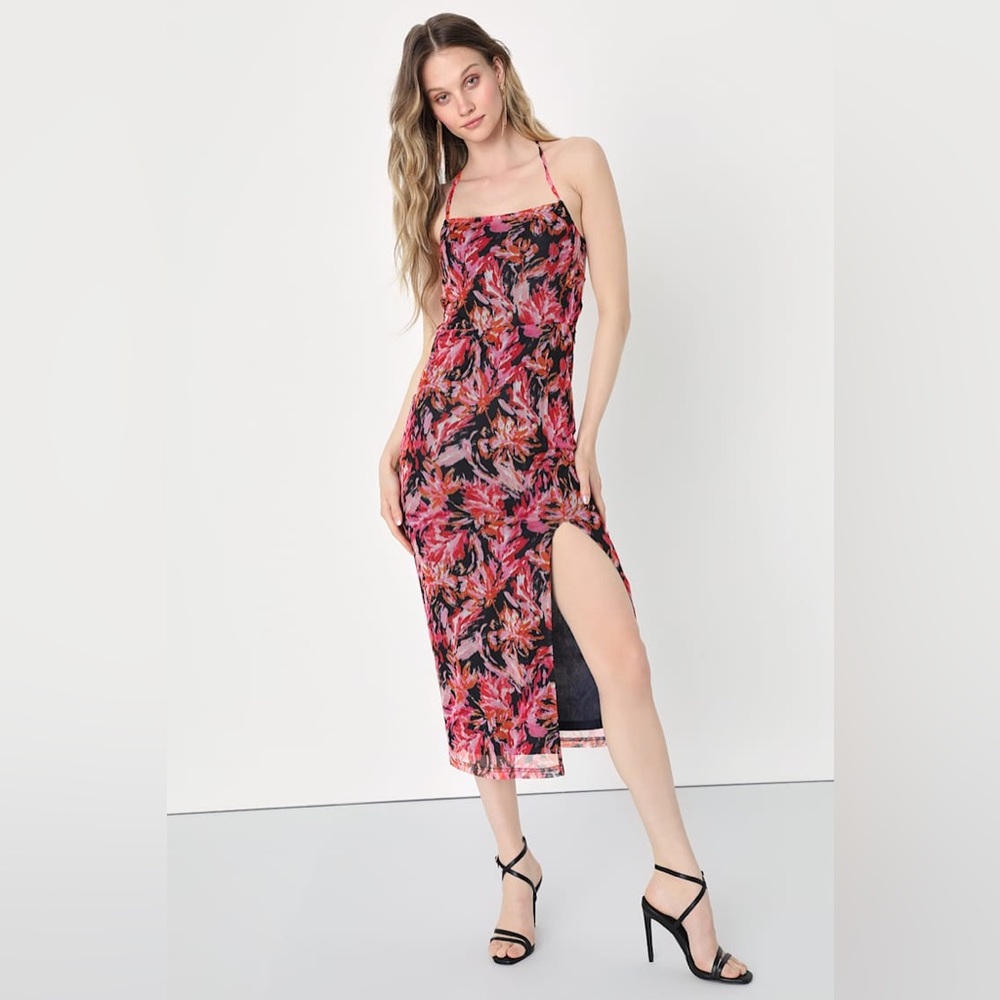 🩷Lulu's My Favorite Attention Navy Blue Floral Mesh Lace-Up Midi Size Medium